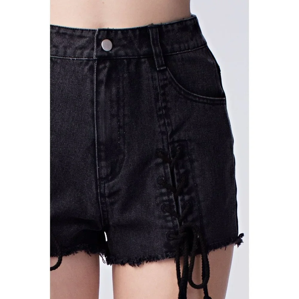 Honey Punch Lace Up Frayed Denim Shorts - Picture 3 of 5